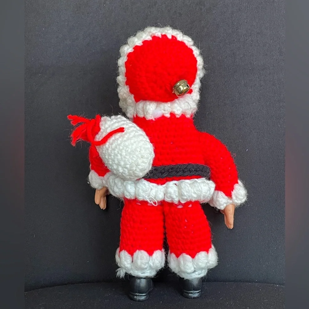 Vintage Crochet Santa Doll Pladtic Face Hands Boots 11” Jingle Bells Toy Sack